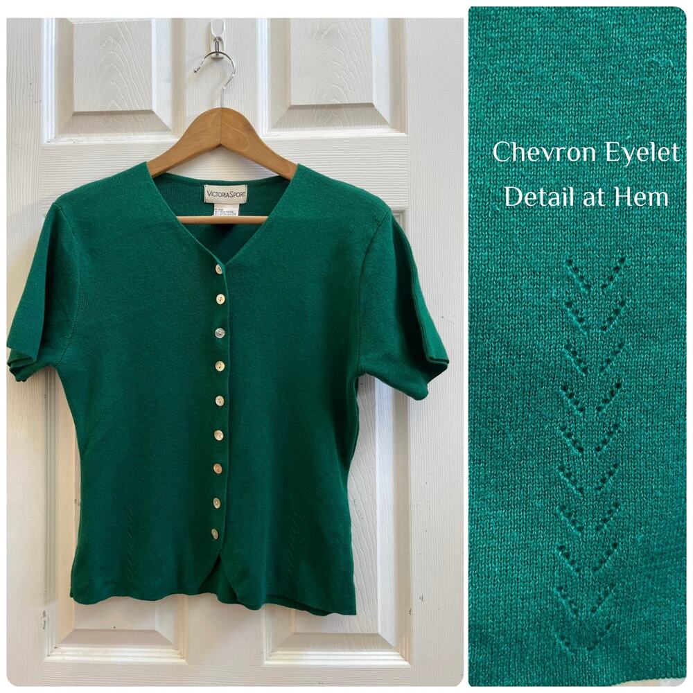Vintage Victoria Sport Green Knit Short Sleeve V Neck Cardigan Medium Preppy